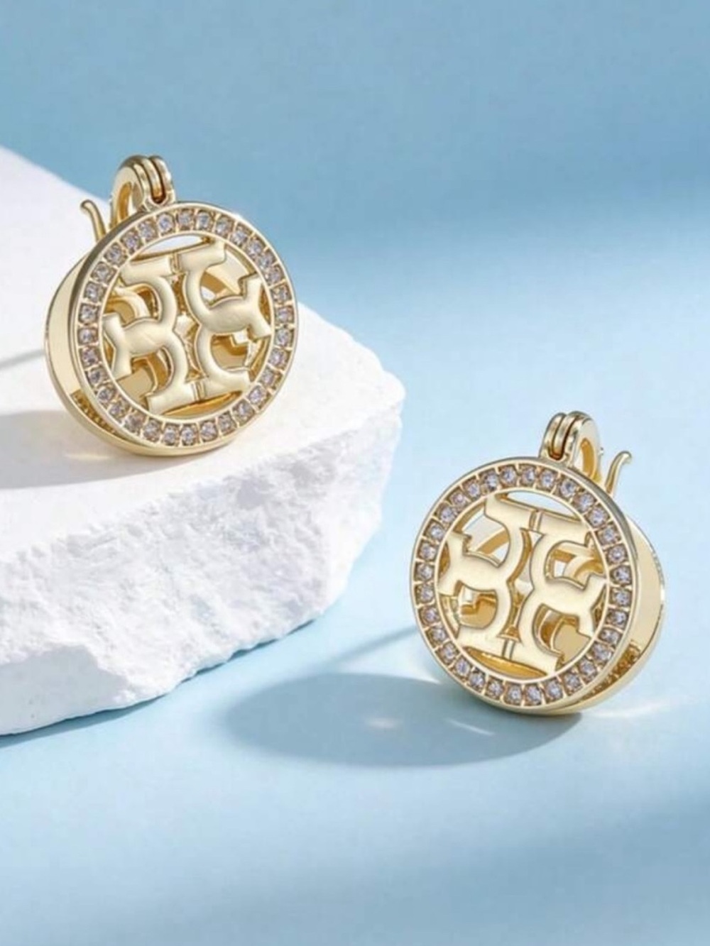 Gold Crystal-Embellished Round Drop Earrings